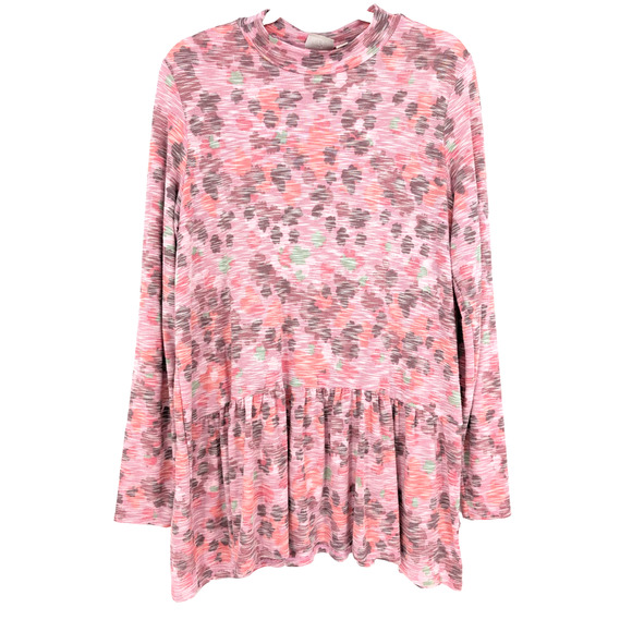 LOGO Lori Goldstein Pink Animal Print Peplum Ruffle Hem Artsy Tunic Top Medium - Picture 1 of 7